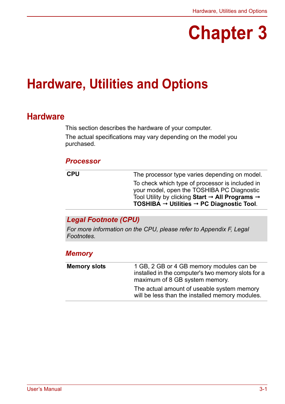 Chapter 3: hardware, utilities and options, Hardware, Chapter 3 | Hardware, utilities and options, Hardware -1, Ter 3, Hardware, utilities, And options, Apter 3, Utilities and options | Toshiba Satellite L750D User Manual | Page 45 / 179