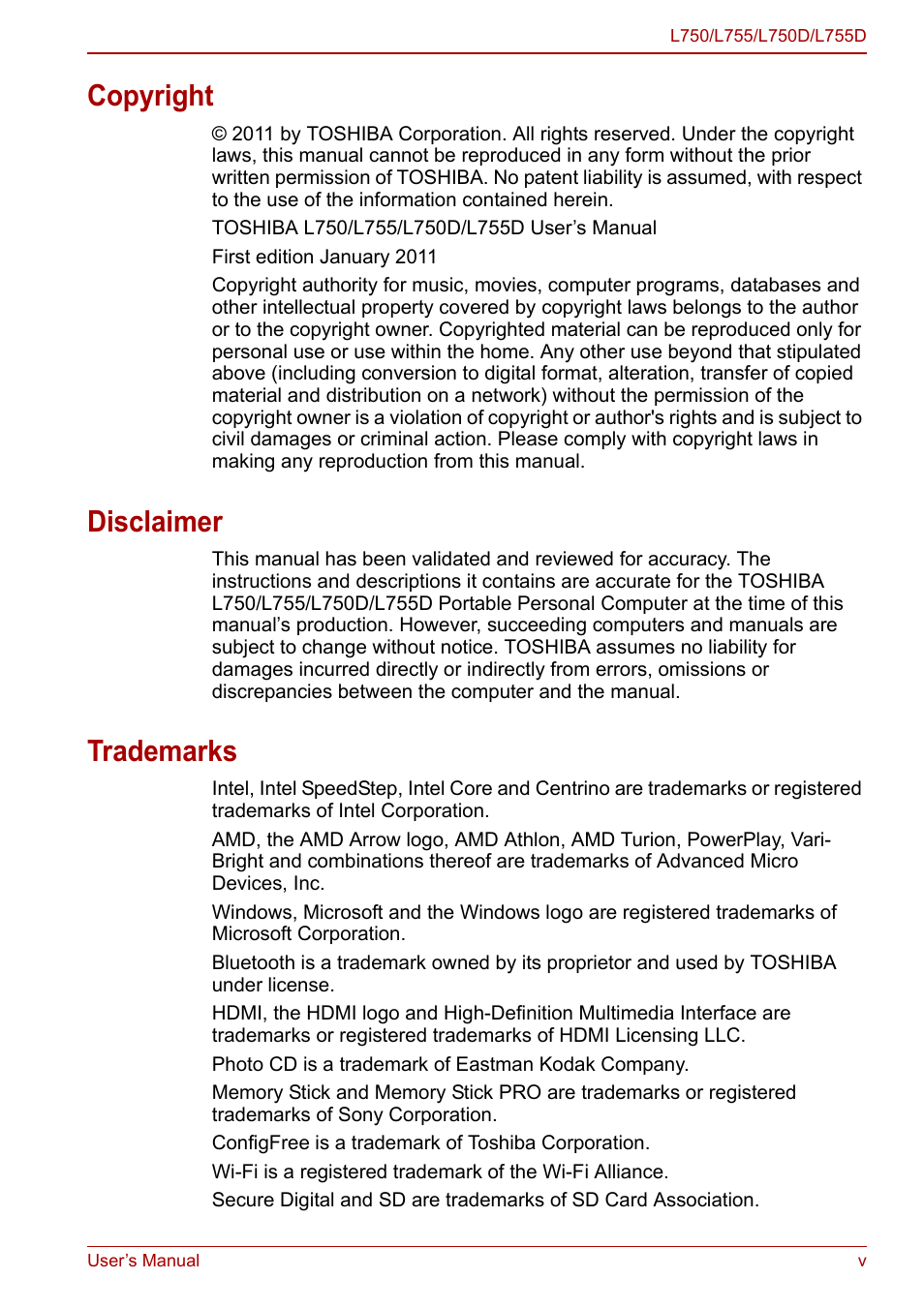 Copyright, Disclaimer, Trademarks | Toshiba Satellite L750D User Manual | Page 5 / 179