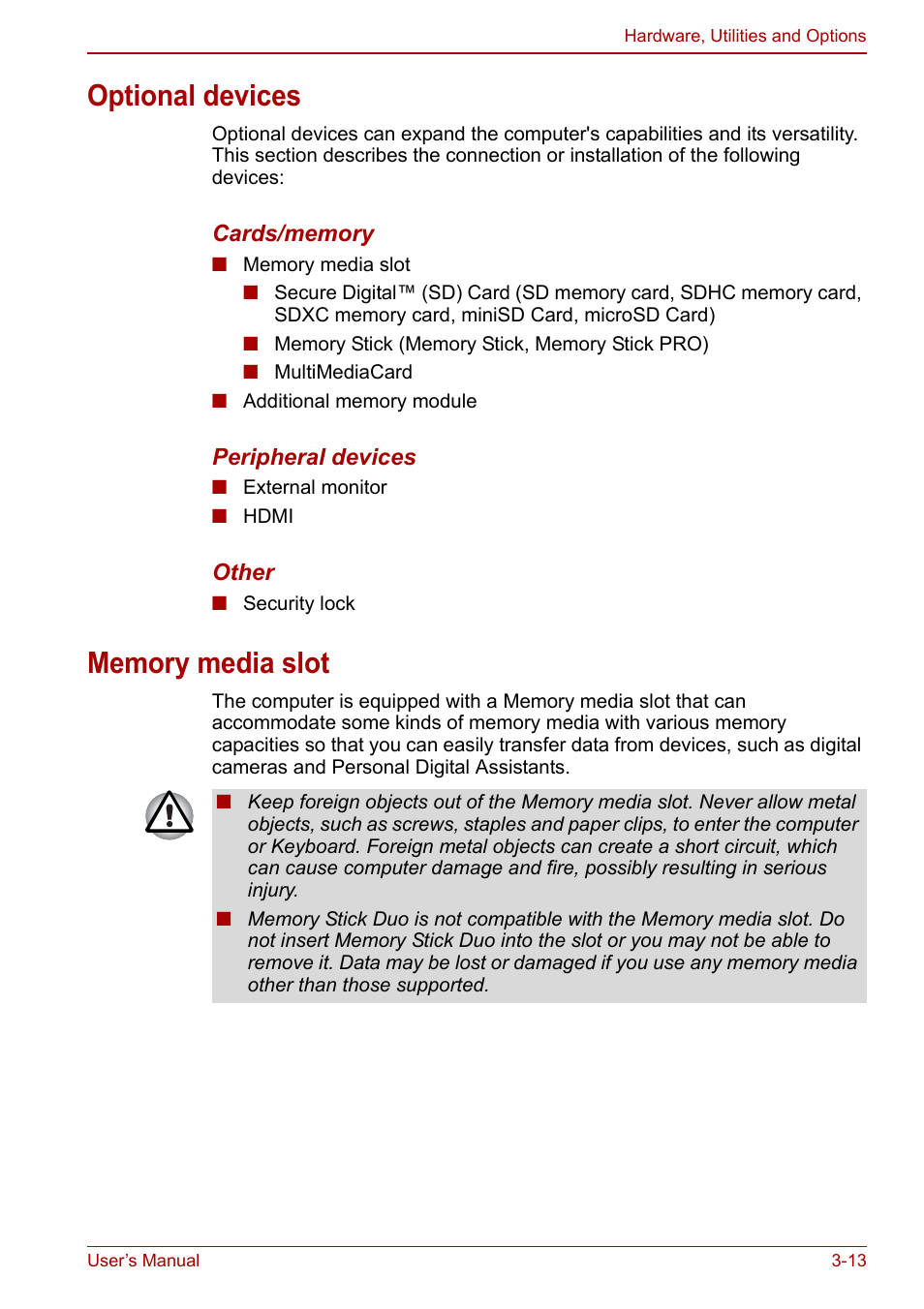 Optional devices, Memory media slot, Optional devices -13 memory media slot -13 | Section in chapter | Toshiba Satellite L750D User Manual | Page 57 / 179