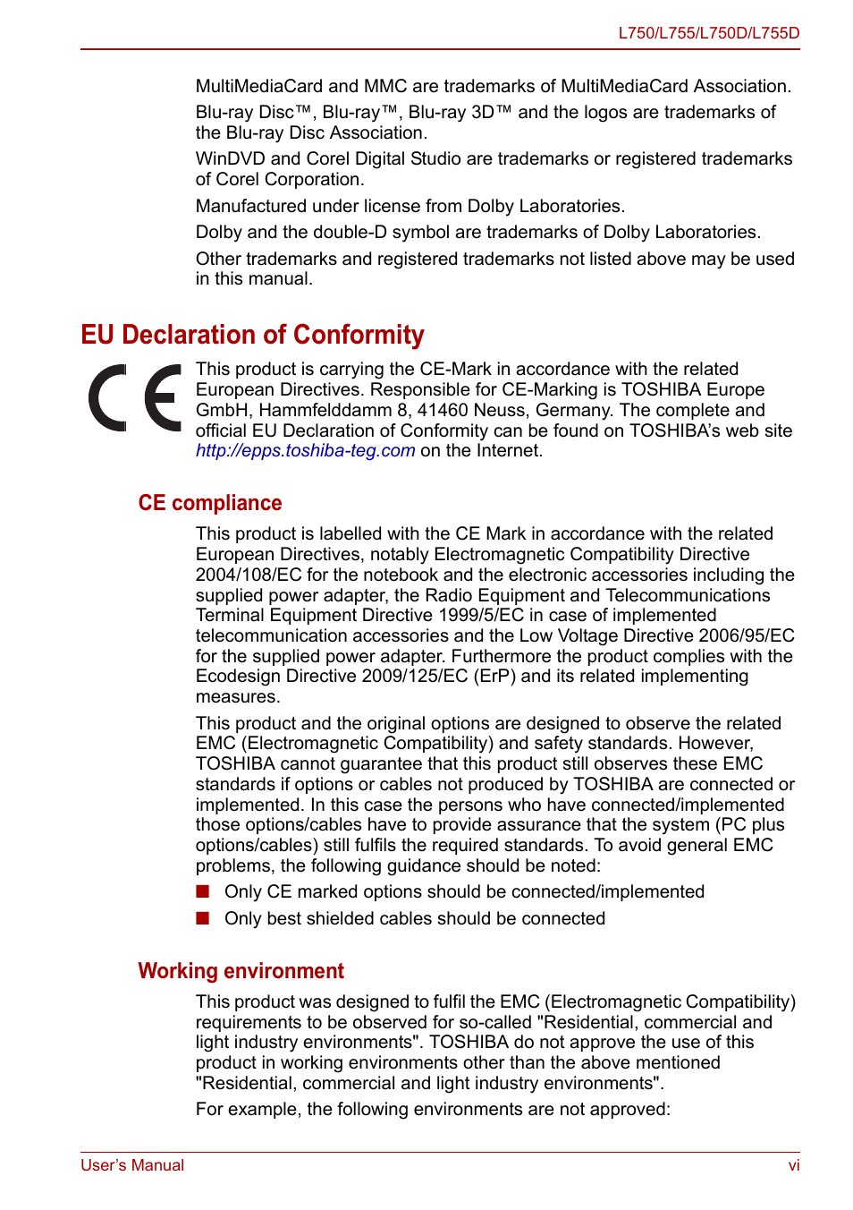 Eu declaration of conformity, Ce compliance, Working environment | Toshiba Satellite L750D User Manual | Page 6 / 179