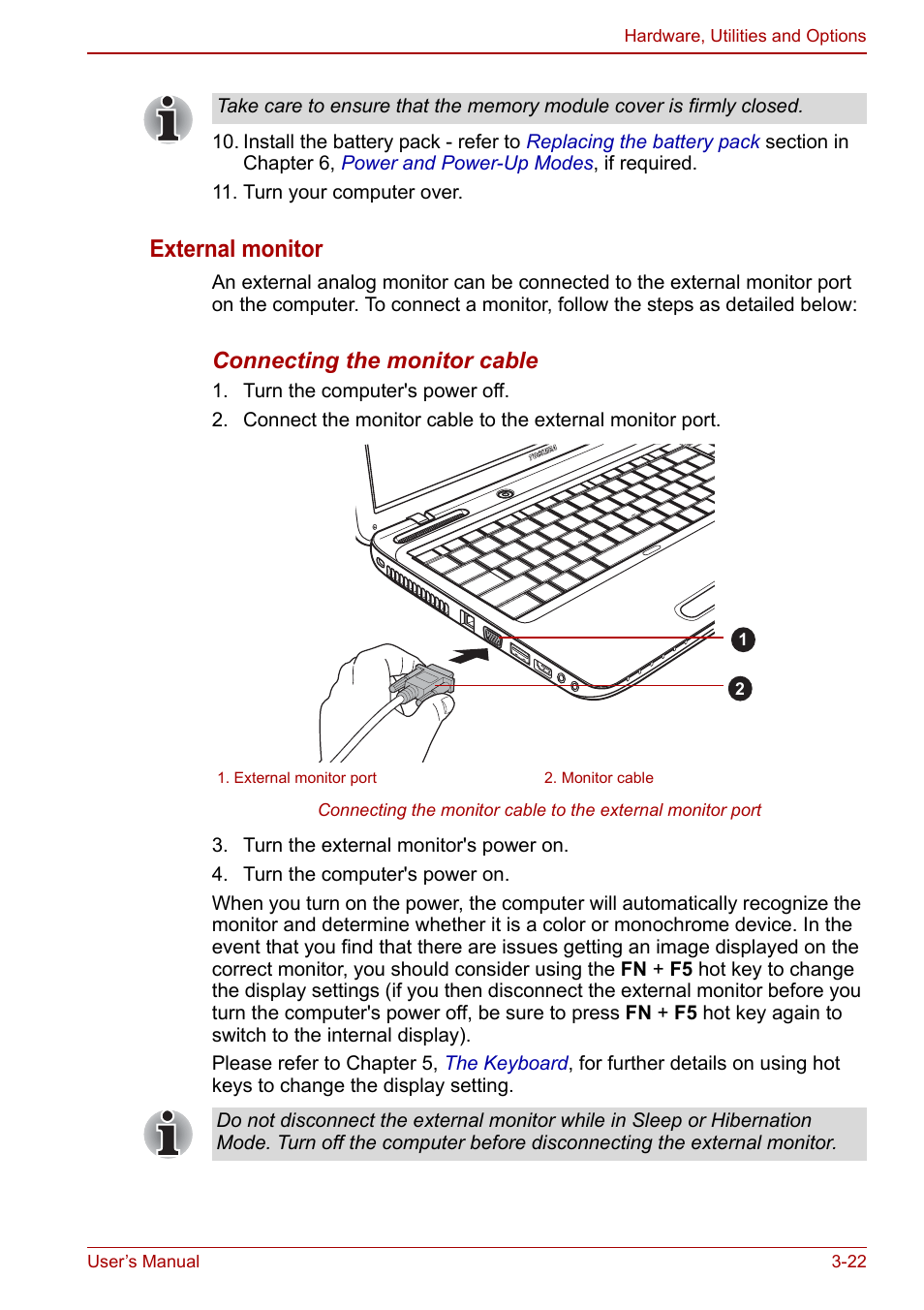 External monitor, Connecting the monitor cable | Toshiba Satellite L750D User Manual | Page 66 / 179