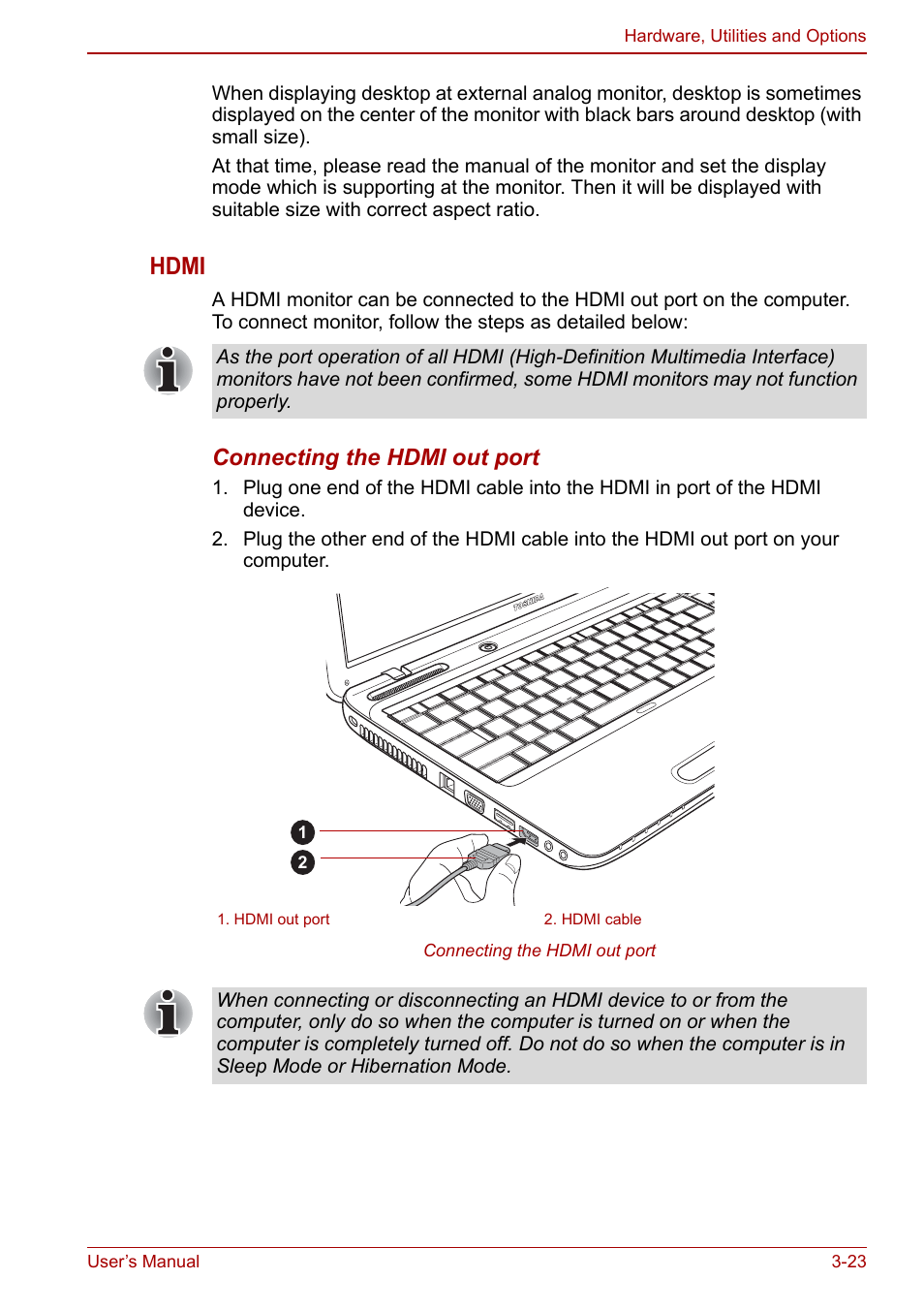 Hdmi, Connecting the hdmi out port | Toshiba Satellite L750D User Manual | Page 67 / 179