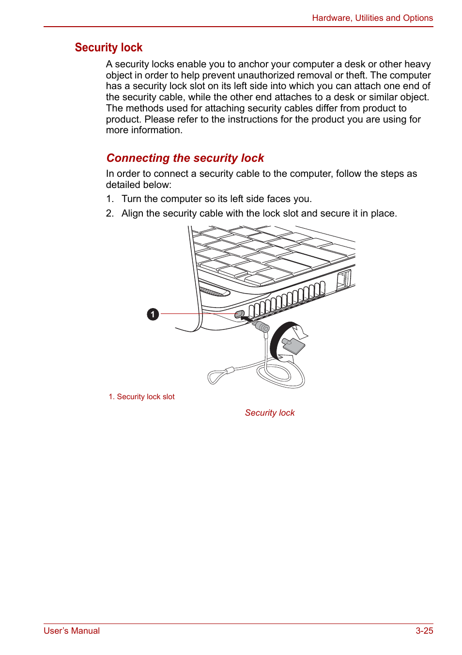 Security lock, Connecting the security lock | Toshiba Satellite L750D User Manual | Page 69 / 179