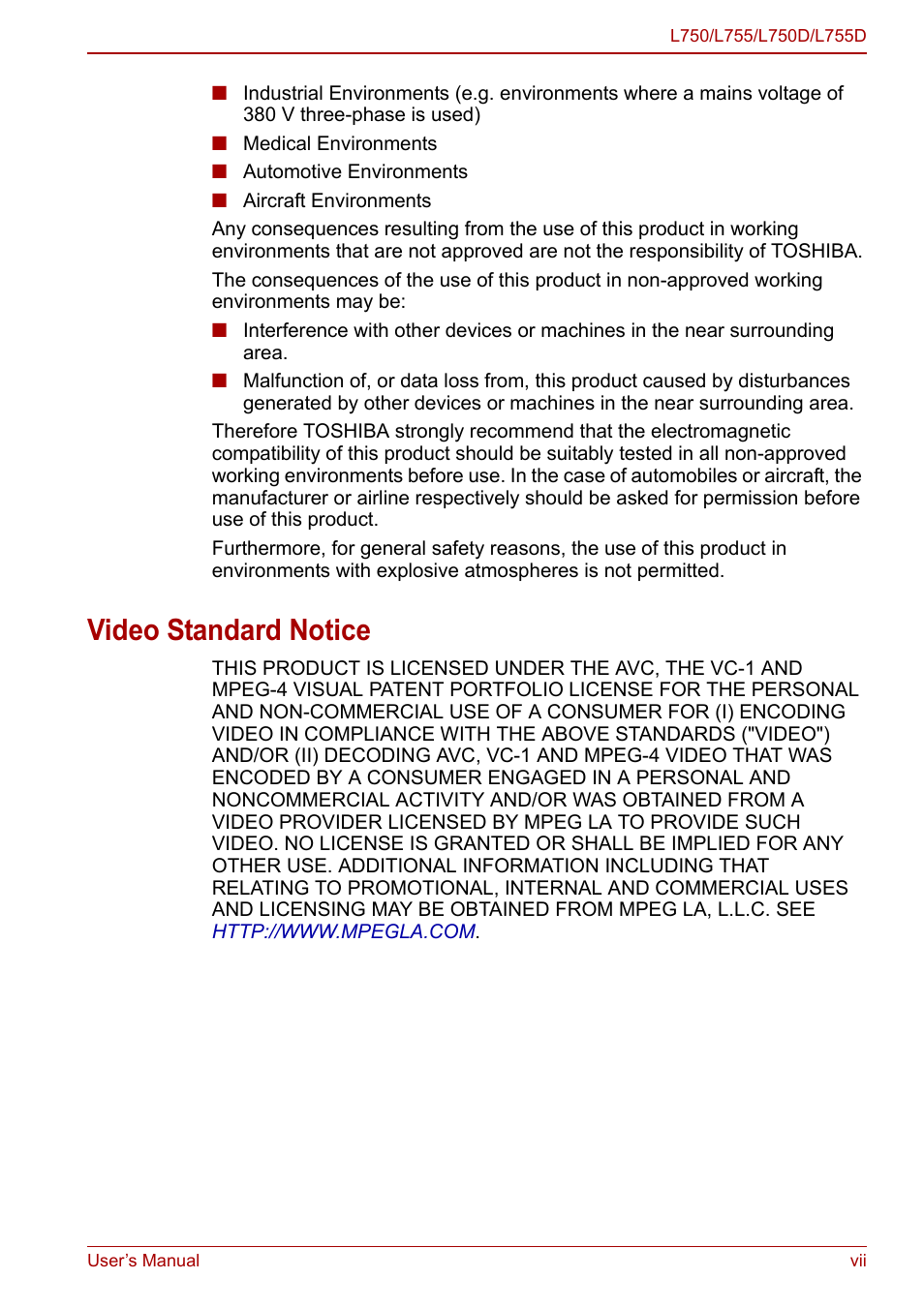 Video standard notice | Toshiba Satellite L750D User Manual | Page 7 / 179