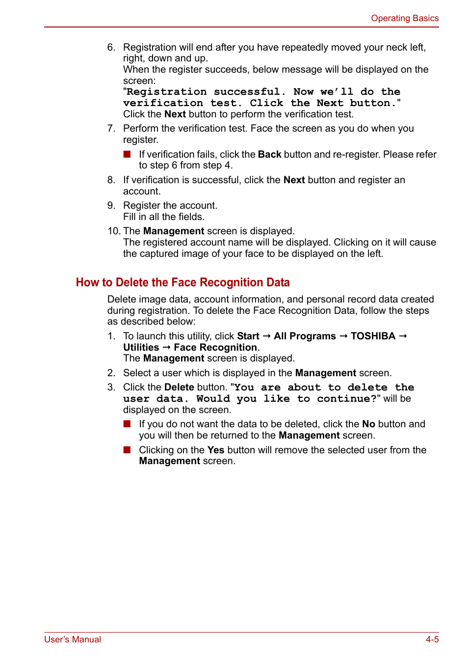 How to delete the face recognition data | Toshiba Satellite L750D User Manual | Page 75 / 179