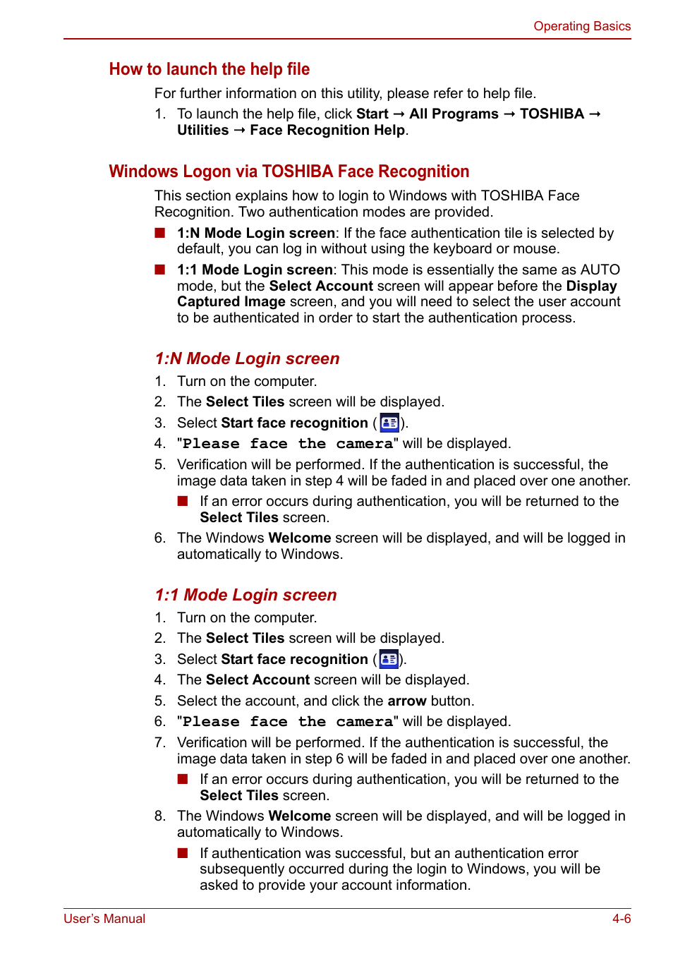 How to launch the help file, Windows logon via toshiba face recognition | Toshiba Satellite L750D User Manual | Page 76 / 179