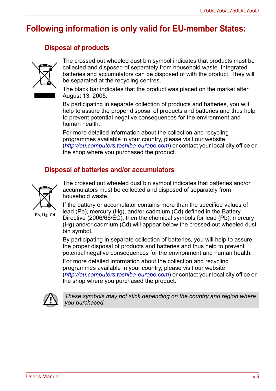 Toshiba Satellite L750D User Manual | Page 8 / 179