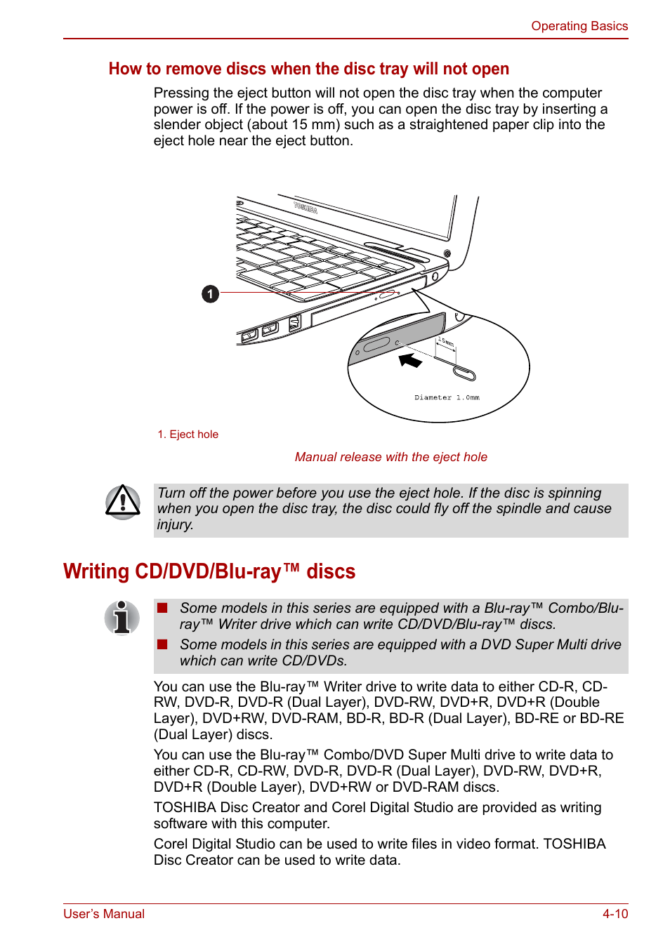 Writing cd/dvd/blu-ray™ discs, Writing cd/dvd/blu-ray™ discs -10 | Toshiba Satellite L750D User Manual | Page 80 / 179