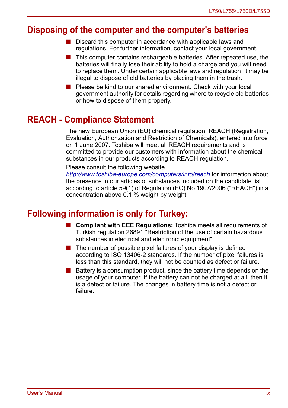 Reach - compliance statement, Following information is only for turkey | Toshiba Satellite L750D User Manual | Page 9 / 179