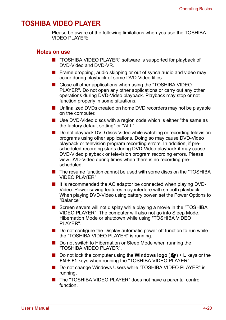 Toshiba video player, Toshiba video player -20 | Toshiba Satellite L750D User Manual | Page 90 / 179