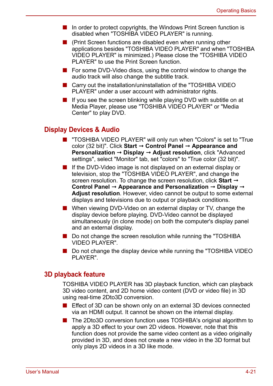 Display devices & audio, 3d playback feature | Toshiba Satellite L750D User Manual | Page 91 / 179