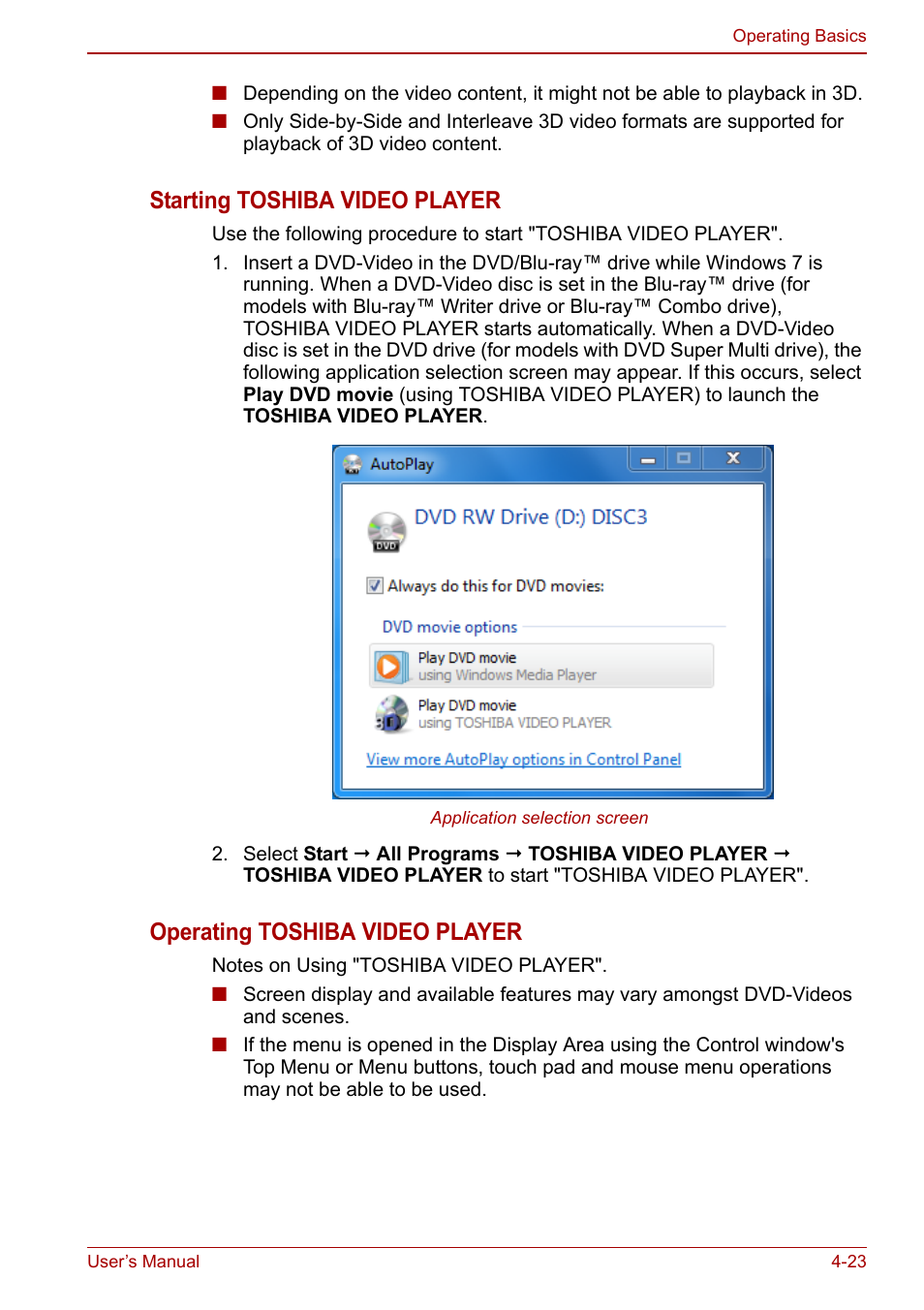 Starting toshiba video player, Operating toshiba video player | Toshiba Satellite L750D User Manual | Page 93 / 179