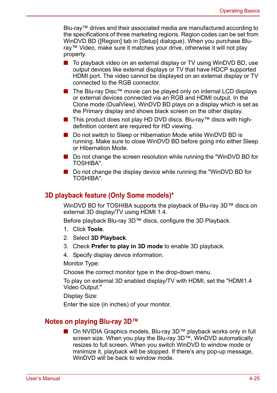 3d playback feature (only some models) | Toshiba Satellite L750D User Manual | Page 95 / 179