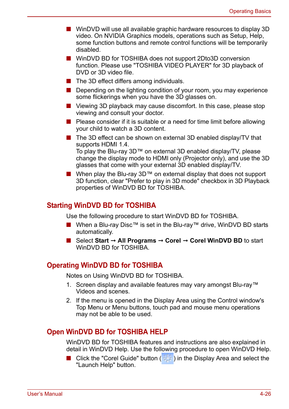 Starting windvd bd for toshiba, Operating windvd bd for toshiba, Open windvd bd for toshiba help | Toshiba Satellite L750D User Manual | Page 96 / 179