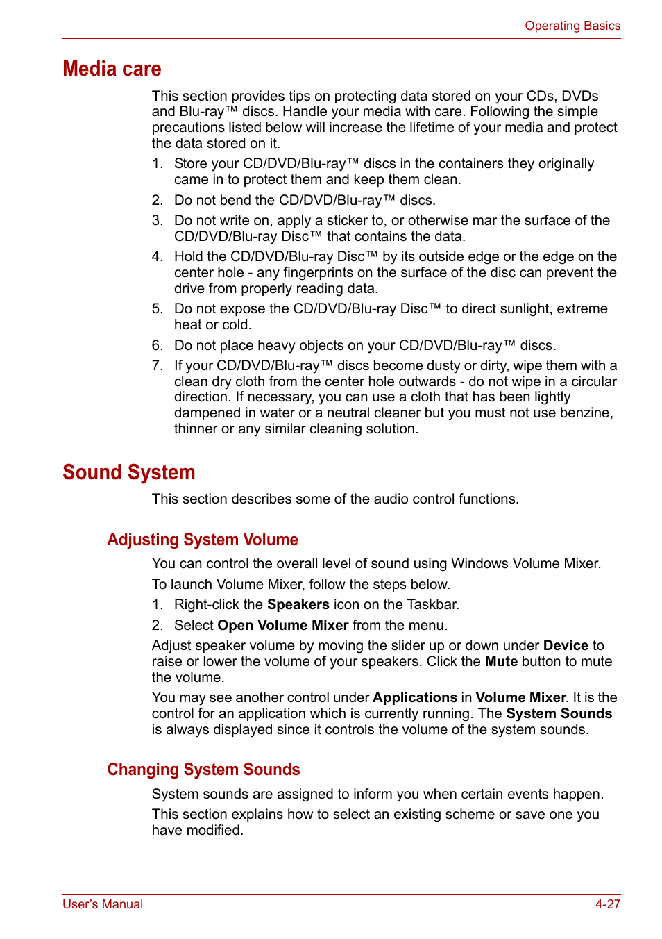 Media care, Sound system, Media care -27 sound system -27 | Toshiba Satellite L750D User Manual | Page 97 / 179