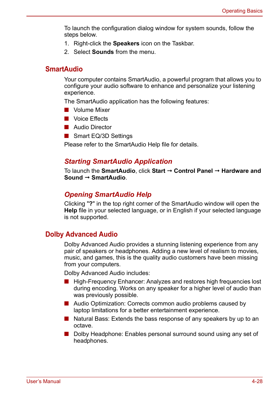 Smartaudio, Dolby advanced audio | Toshiba Satellite L750D User Manual | Page 98 / 179