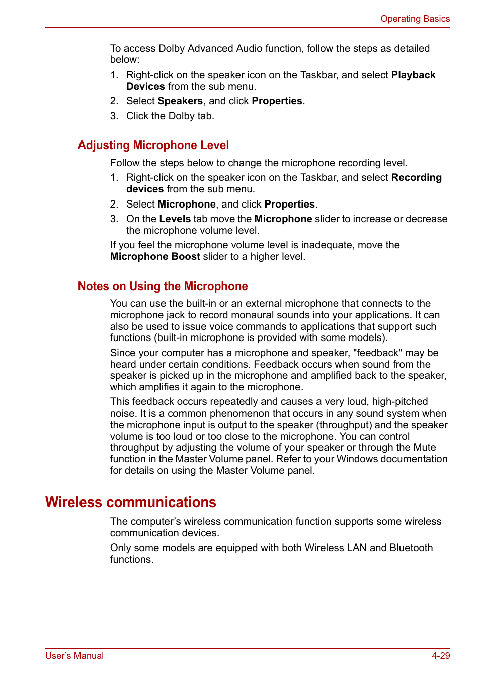 Wireless communications, Wireless communications -29, Adjusting microphone level | Toshiba Satellite L750D User Manual | Page 99 / 179