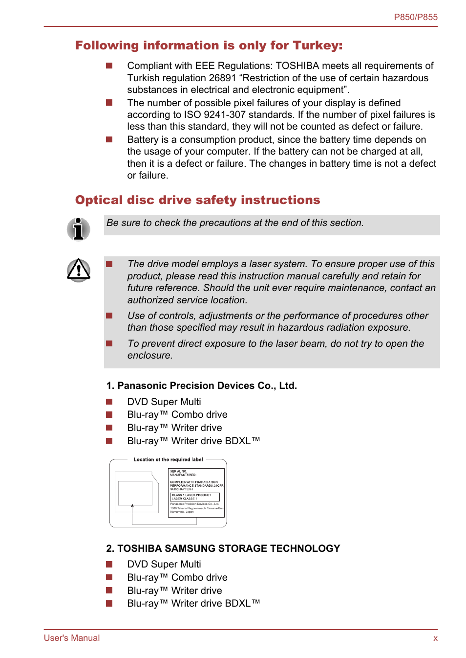 Following information is only for turkey, Optical disc drive safety instructions | Toshiba Satellite P855 User Manual | Page 10 / 177