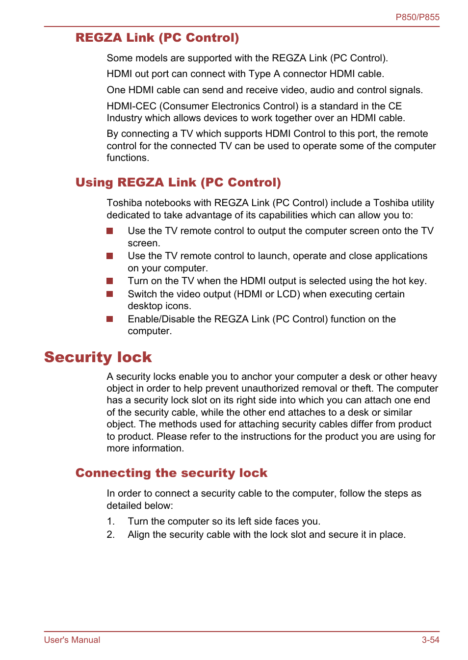 Regza link (pc control), Using regza link (pc control), Security lock | Connecting the security lock, Security lock -54 | Toshiba Satellite P855 User Manual | Page 100 / 177