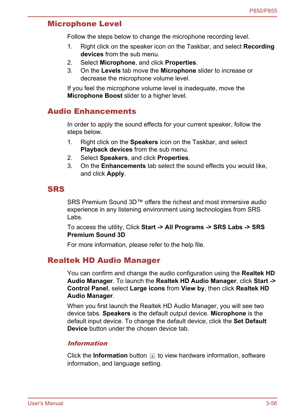 Microphone level, Audio enhancements, Realtek hd audio manager | Toshiba Satellite P855 User Manual | Page 102 / 177