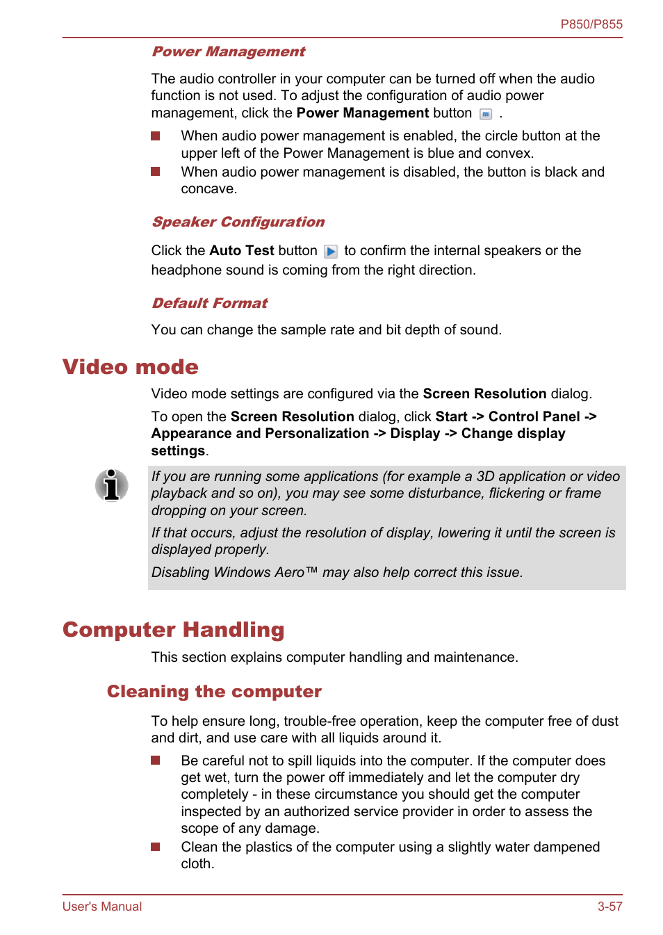 Video mode, Computer handling, Cleaning the computer | Video mode -57 computer handling -57 | Toshiba Satellite P855 User Manual | Page 103 / 177
