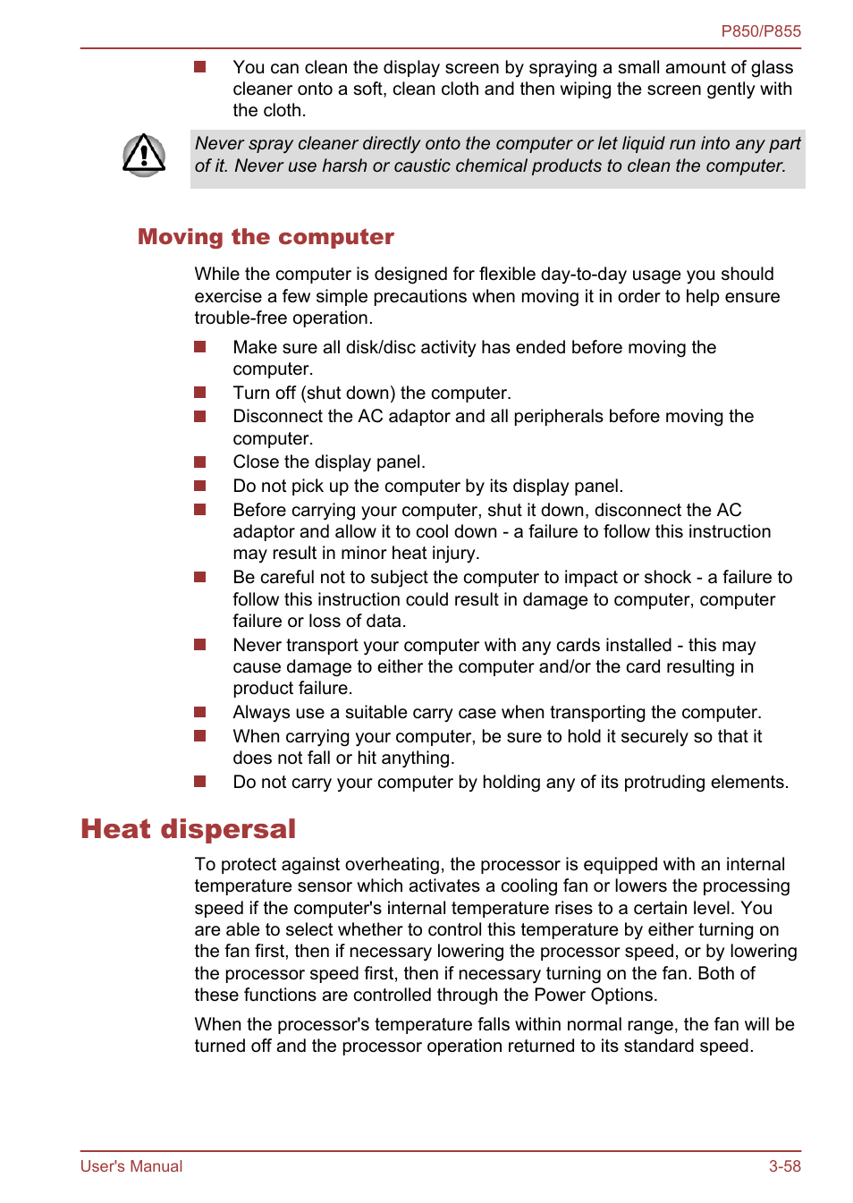 Moving the computer, Heat dispersal, Heat dispersal -58 | Toshiba Satellite P855 User Manual | Page 104 / 177