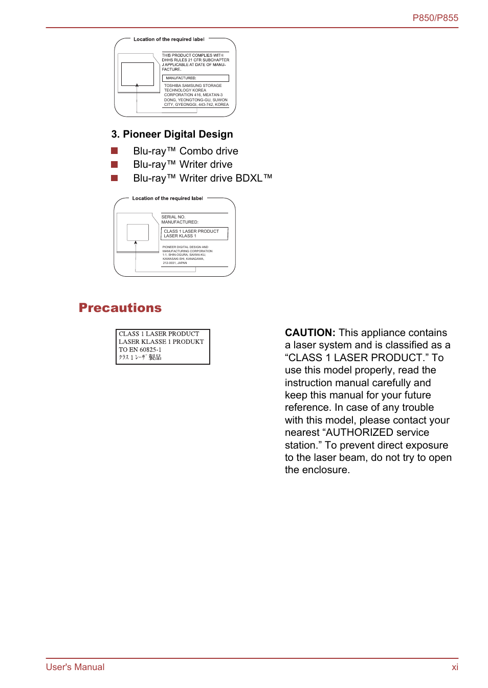 Precautions | Toshiba Satellite P855 User Manual | Page 11 / 177