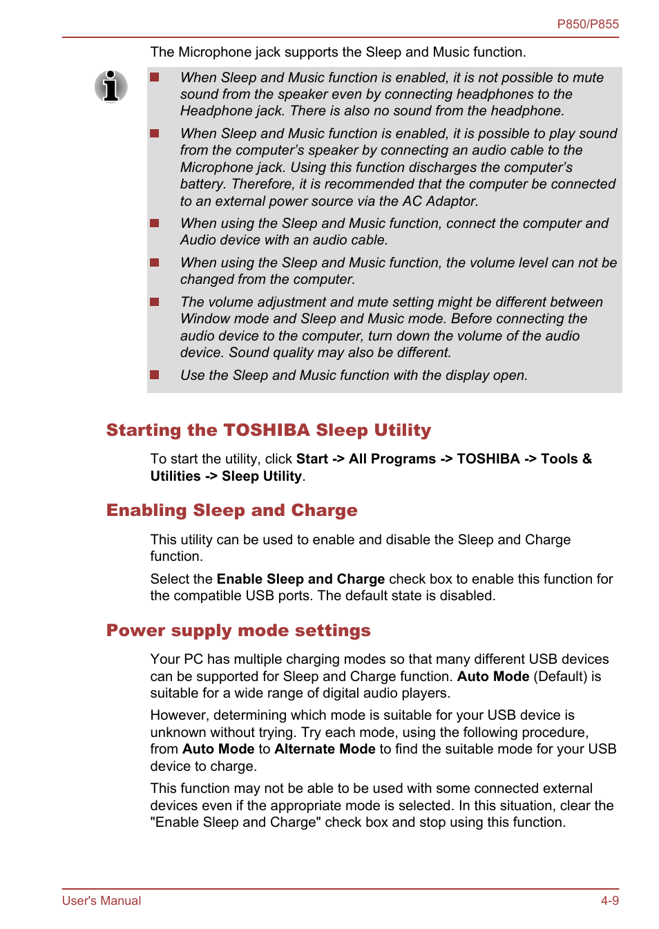 Starting the toshiba sleep utility, Enabling sleep and charge, Power supply mode settings | Toshiba Satellite P855 User Manual | Page 114 / 177