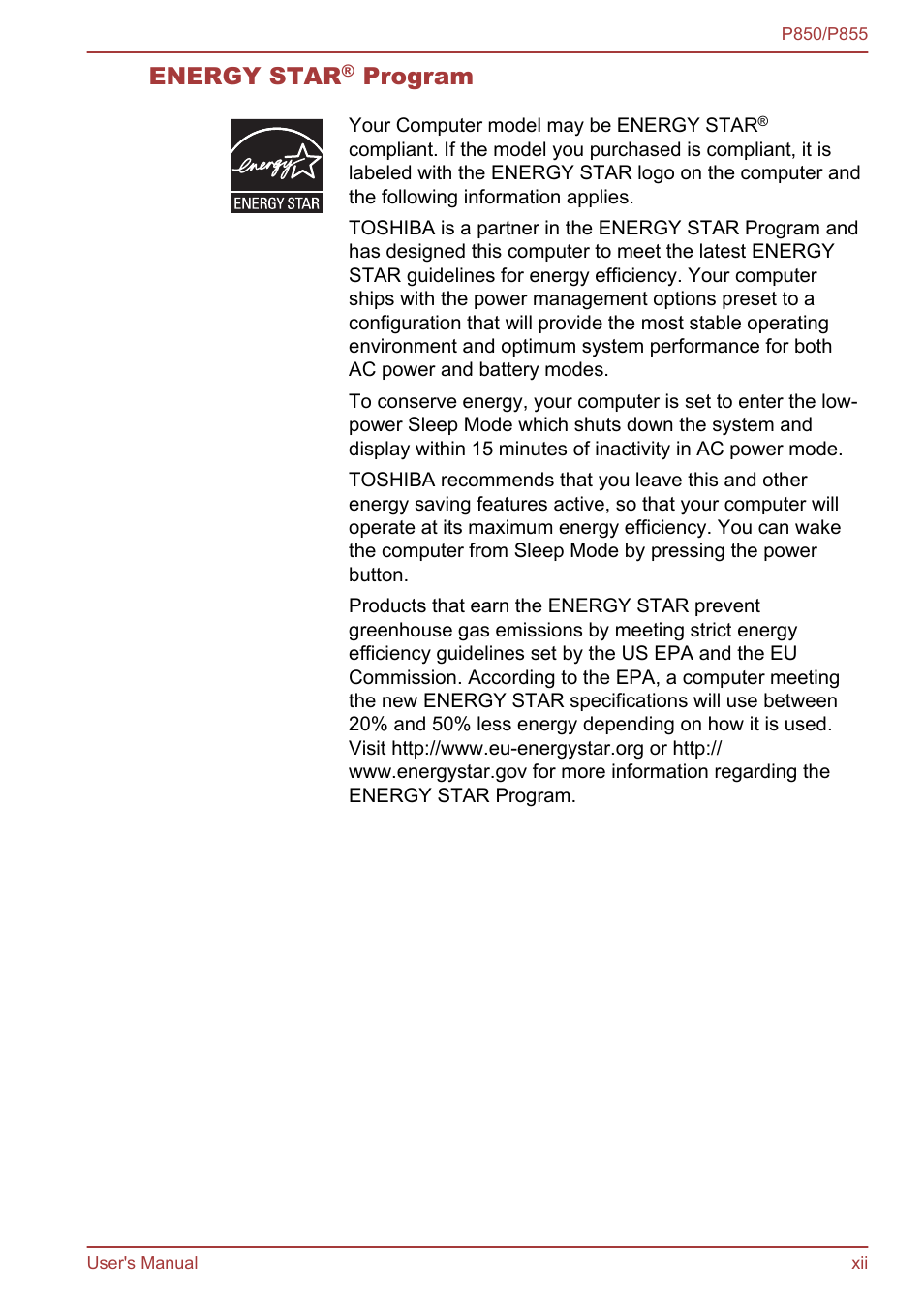 Energy star, Program | Toshiba Satellite P855 User Manual | Page 12 / 177