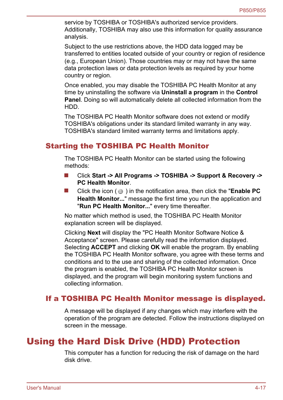 Starting the toshiba pc health monitor, Using the hard disk drive (hdd) protection, Using the hard disk drive (hdd) protection -17 | To-disk contact. refer to the, Using the hard disk, Drive (hdd) protection, Section for more details | Toshiba Satellite P855 User Manual | Page 122 / 177