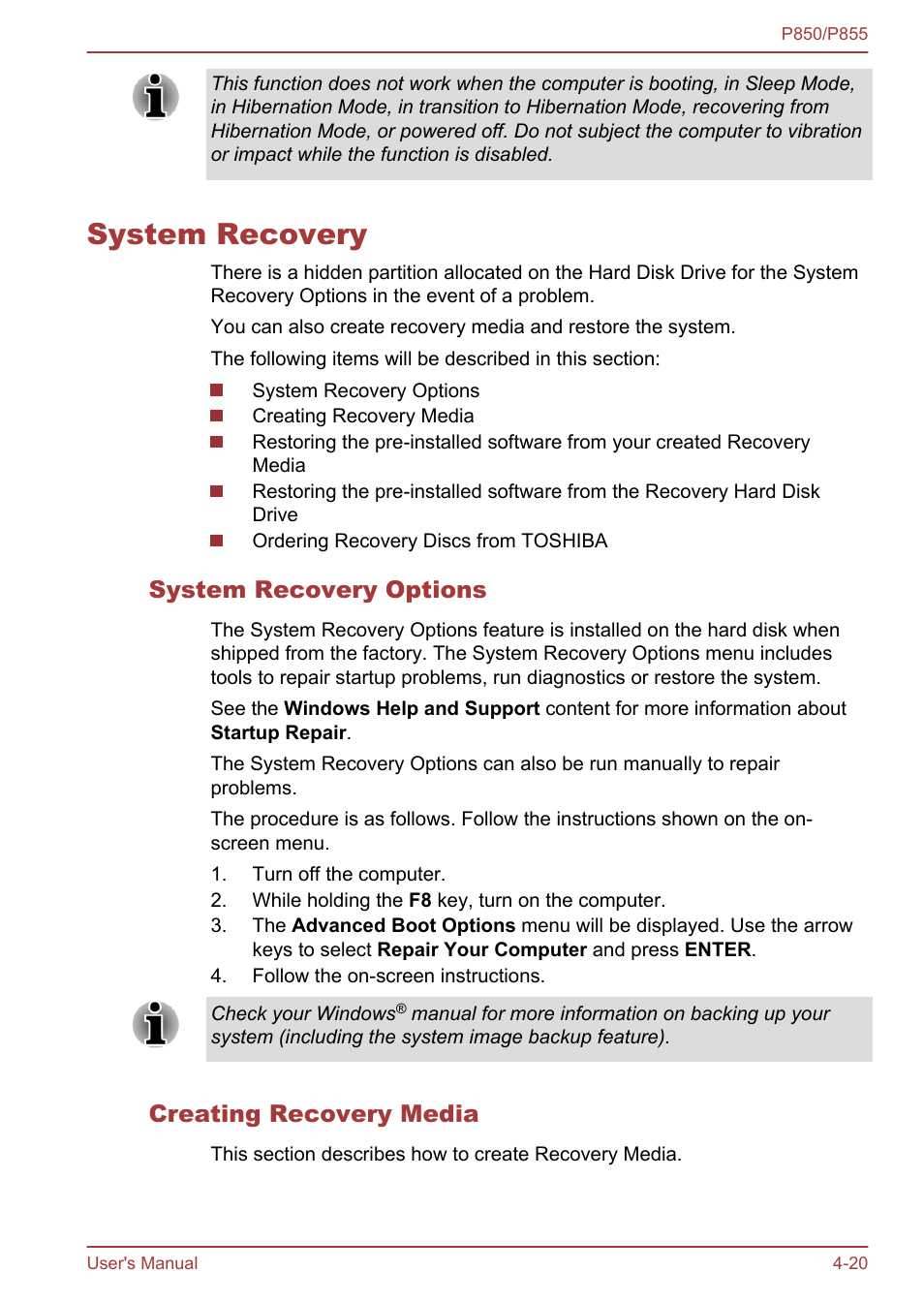 System recovery, System recovery options, Creating recovery media | System recovery -20 | Toshiba Satellite P855 User Manual | Page 125 / 177