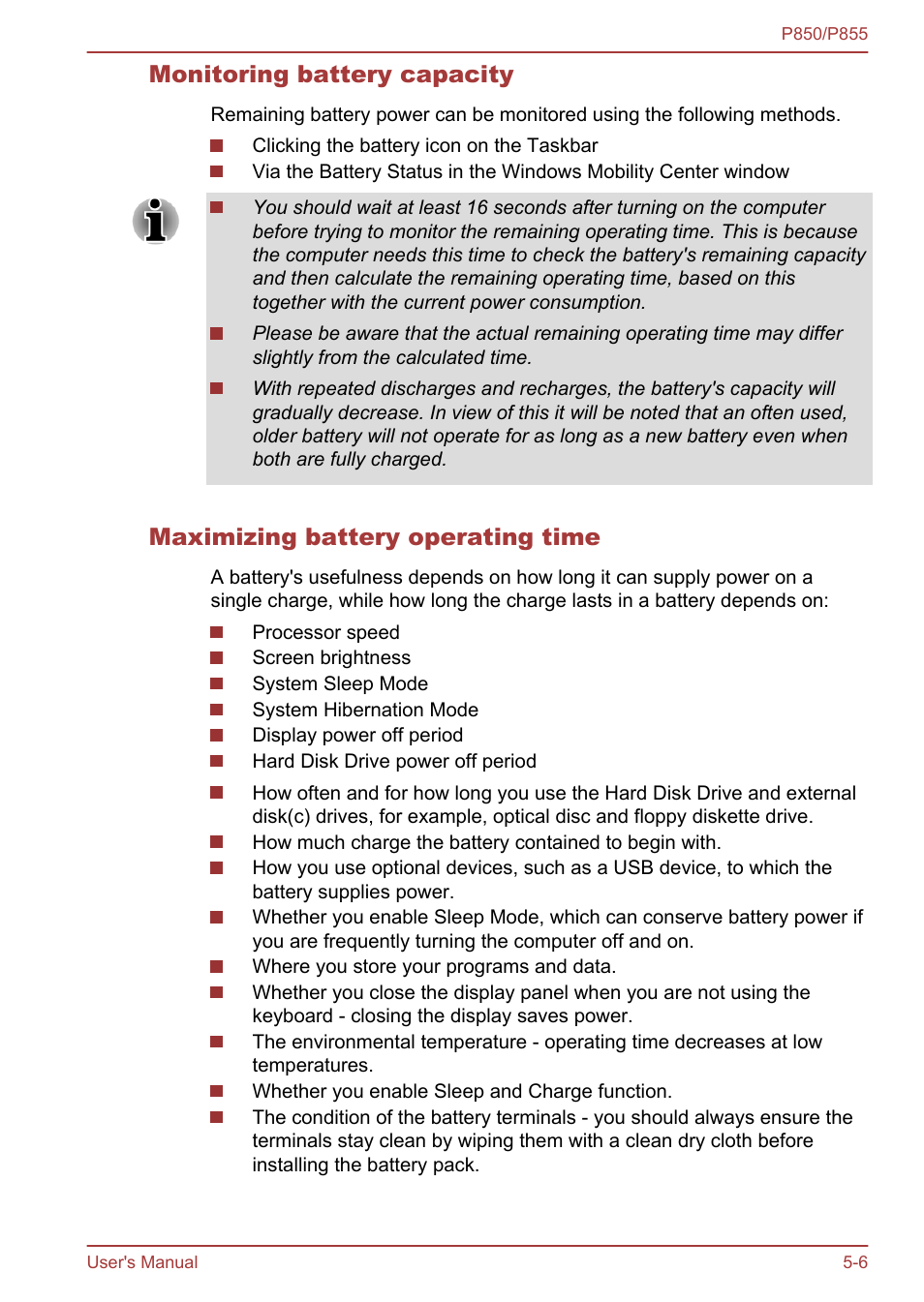 Monitoring battery capacity, Maximizing battery operating time | Toshiba Satellite P855 User Manual | Page 134 / 177