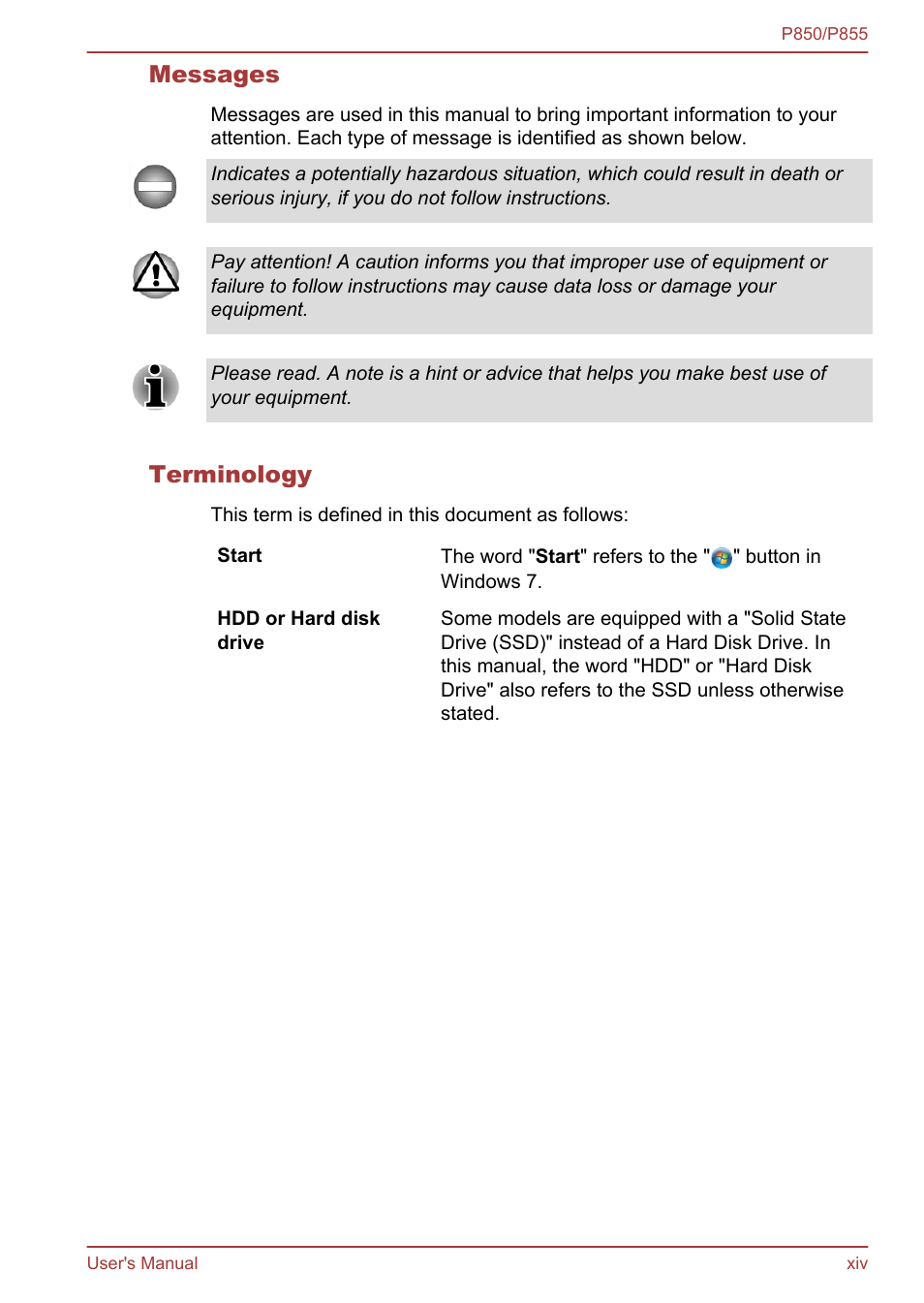 Messages, Terminology | Toshiba Satellite P855 User Manual | Page 14 / 177