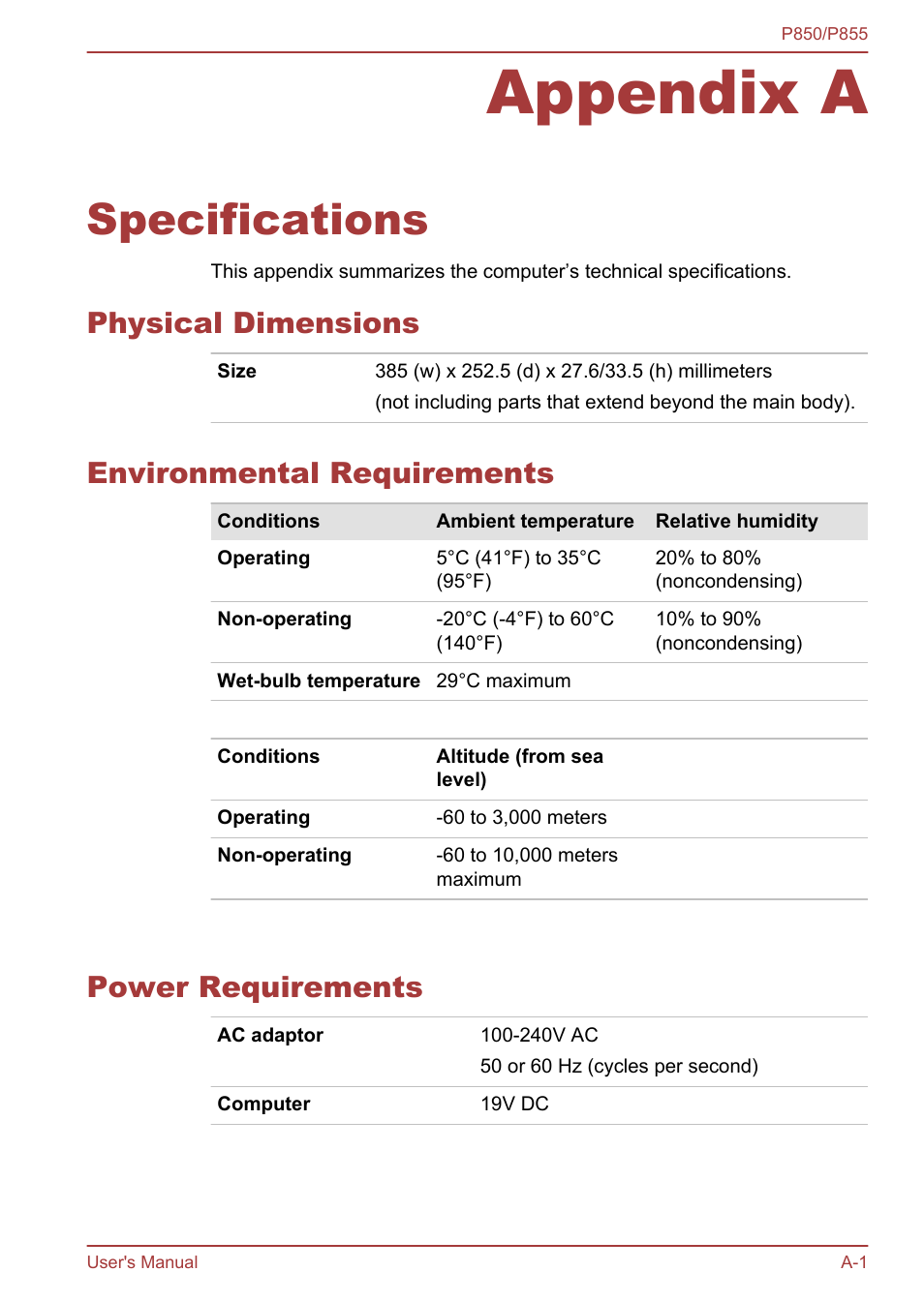 Appendix a specifications, Physical dimensions, Environmental requirements | Power requirements, Appendix a, Specifications | Toshiba Satellite P855 User Manual | Page 156 / 177