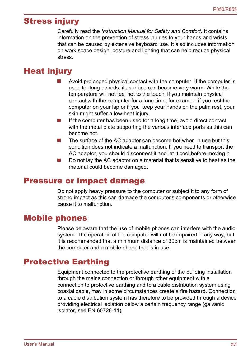 Stress injury, Heat injury, Pressure or impact damage | Mobile phones, Protective earthing | Toshiba Satellite P855 User Manual | Page 16 / 177