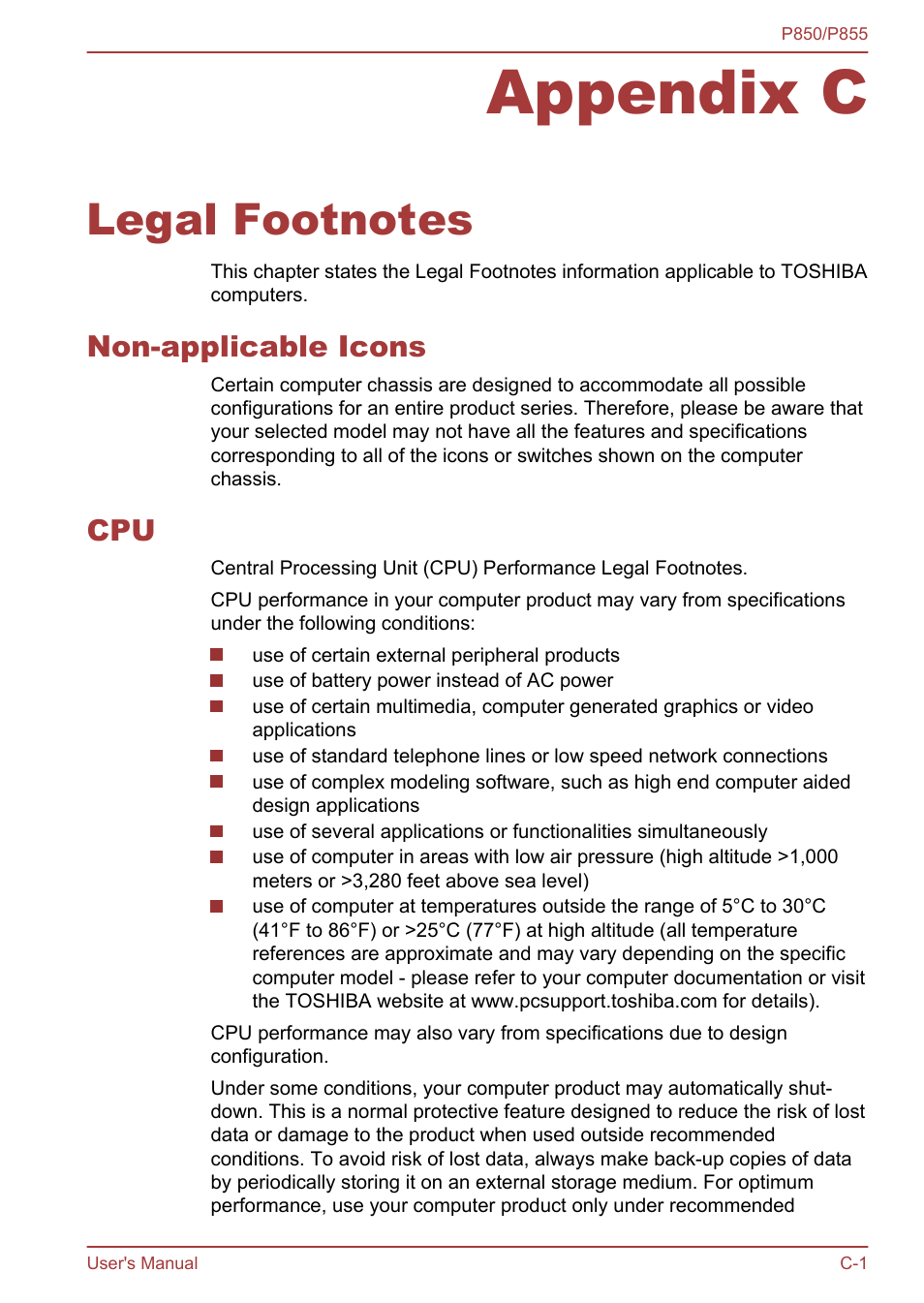 Appendix c legal footnotes, Non-applicable icons, Appendix c | Legal footnotes | Toshiba Satellite P855 User Manual | Page 160 / 177