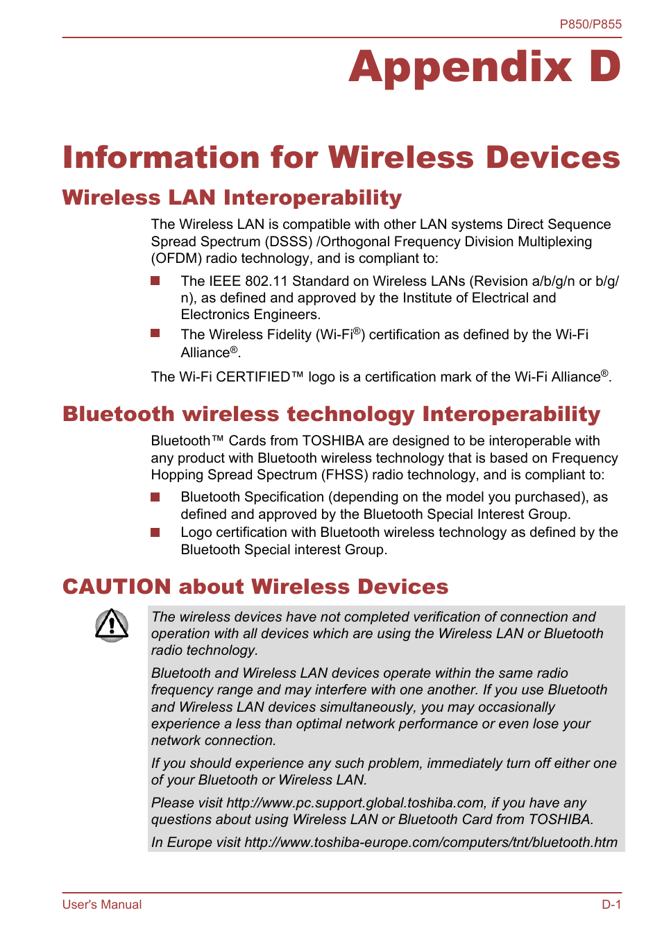Appendix d information for wireless devices, Wireless lan interoperability, Bluetooth wireless technology interoperability | Caution about wireless devices, Appendix d, Information for wireless devices | Toshiba Satellite P855 User Manual | Page 164 / 177