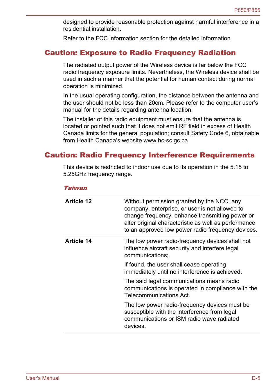 Caution: exposure to radio frequency radiation, Caution: radio frequency interference requirements | Toshiba Satellite P855 User Manual | Page 168 / 177