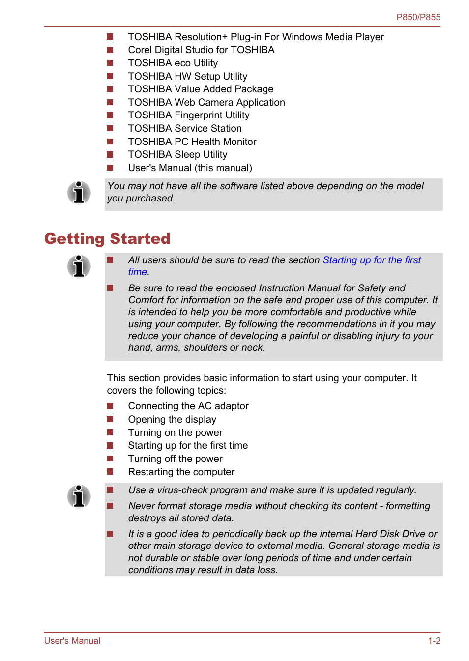 Getting started, Getting started -2 | Toshiba Satellite P855 User Manual | Page 19 / 177
