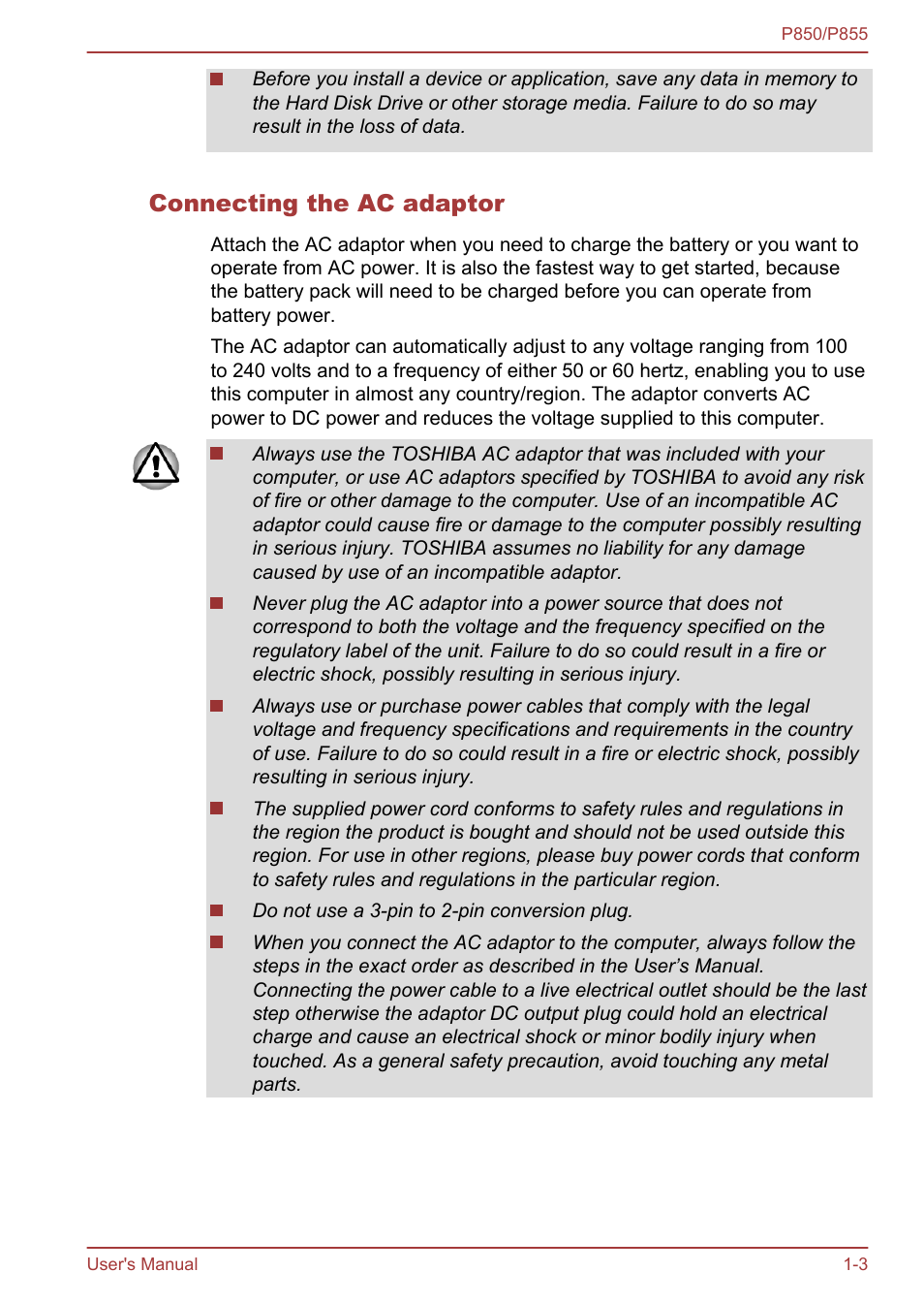 Connecting the ac adaptor | Toshiba Satellite P855 User Manual | Page 20 / 177