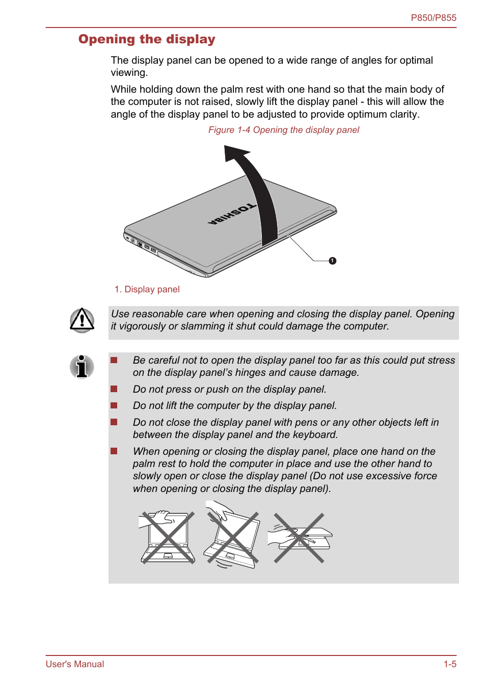 Opening the display | Toshiba Satellite P855 User Manual | Page 22 / 177