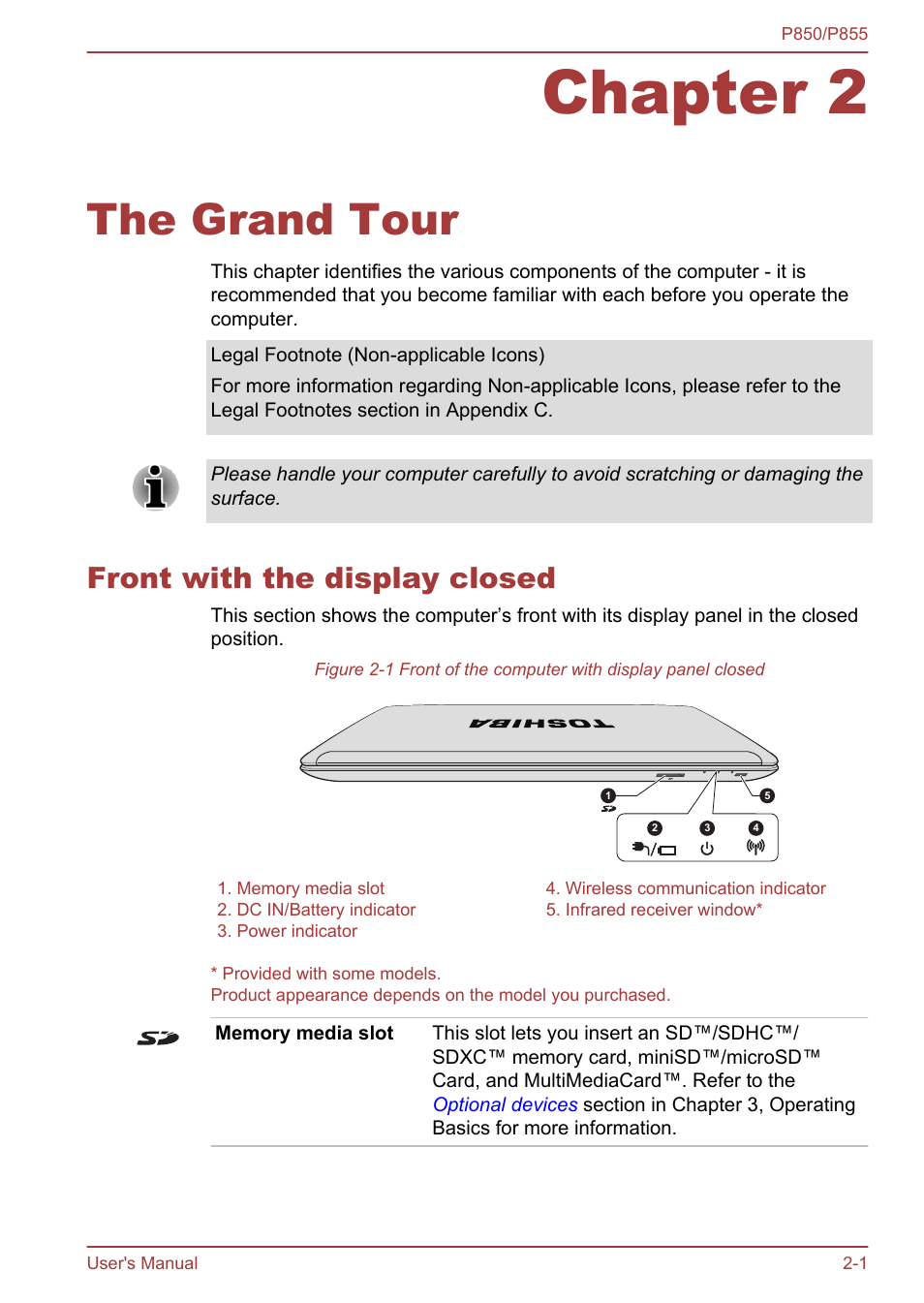 Chapter 2 the grand tour, Front with the display closed, Chapter 2 | The grand tour, Front with the display closed -1 | Toshiba Satellite P855 User Manual | Page 28 / 177