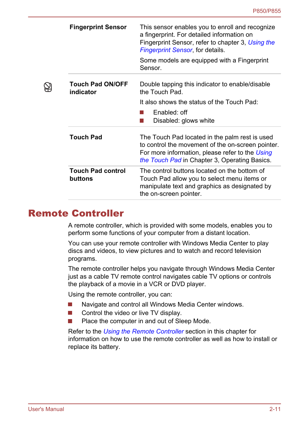 Remote controller, Remote controller -11 | Toshiba Satellite P855 User Manual | Page 38 / 177