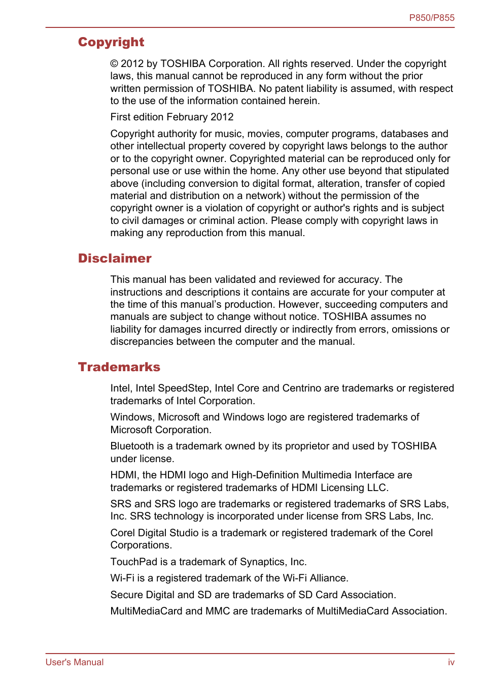 Toshiba Satellite P855 User Manual | Page 4 / 177