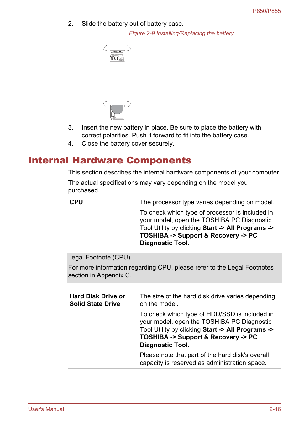 Internal hardware components, Internal hardware components -16, Slide the battery out of battery case | Toshiba Satellite P855 User Manual | Page 43 / 177