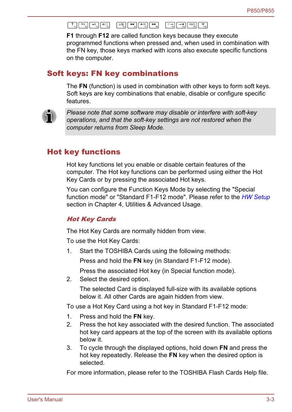 Soft keys: fn key combinations, Hot key functions | Toshiba Satellite P855 User Manual | Page 49 / 177