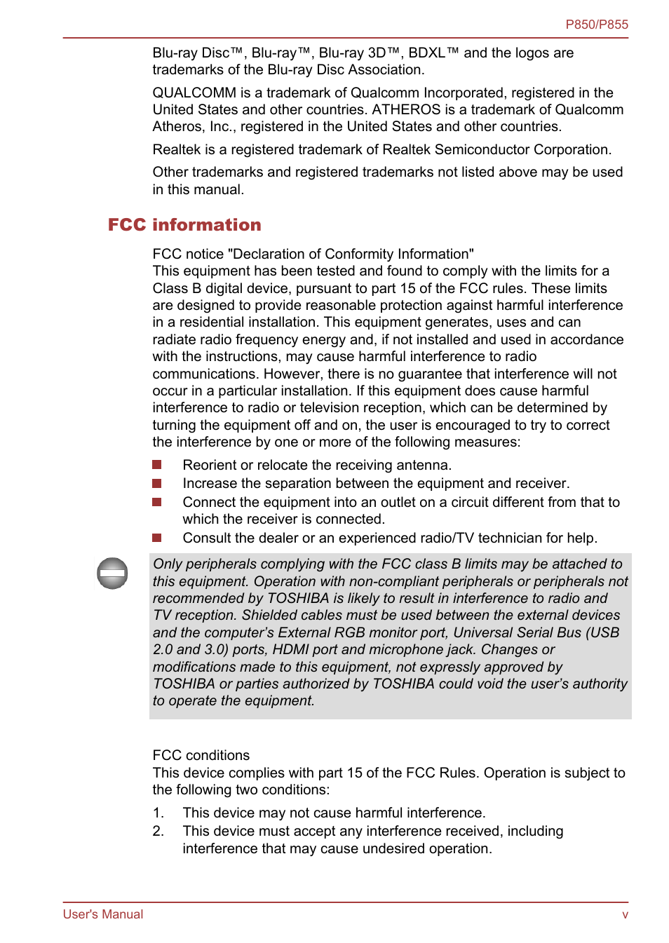 Fcc information | Toshiba Satellite P855 User Manual | Page 5 / 177