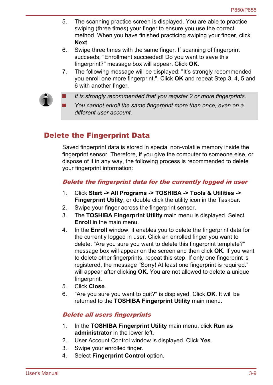 Delete the fingerprint data | Toshiba Satellite P855 User Manual | Page 55 / 177