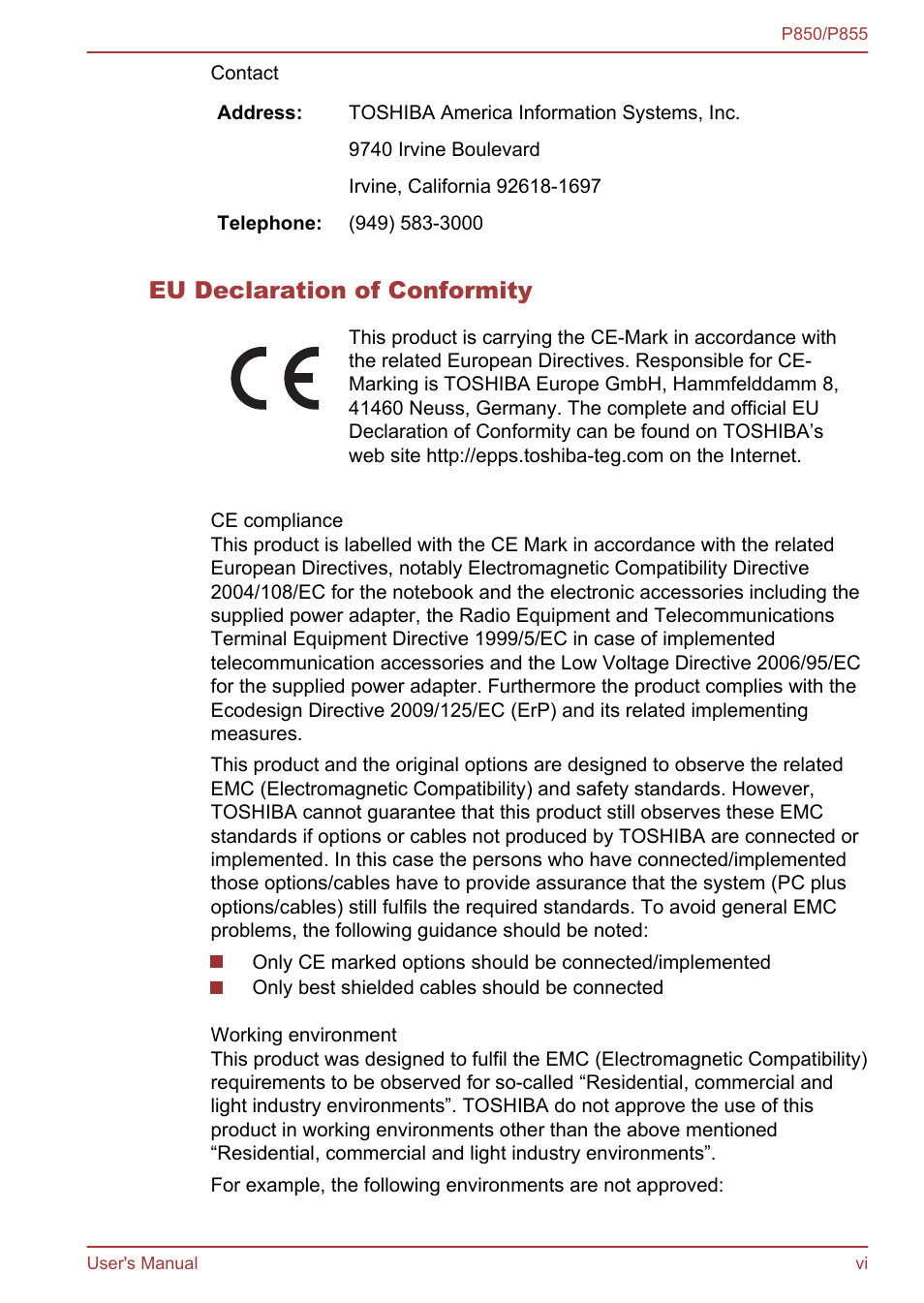 Eu declaration of conformity | Toshiba Satellite P855 User Manual | Page 6 / 177