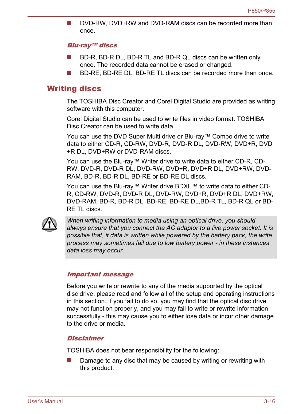Writing discs | Toshiba Satellite P855 User Manual | Page 62 / 177